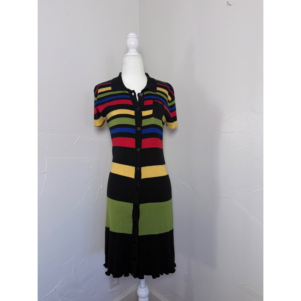 Vintage Liz Claiborne Rainbow Stripe Rayon Knit Button Front Midi Dress M